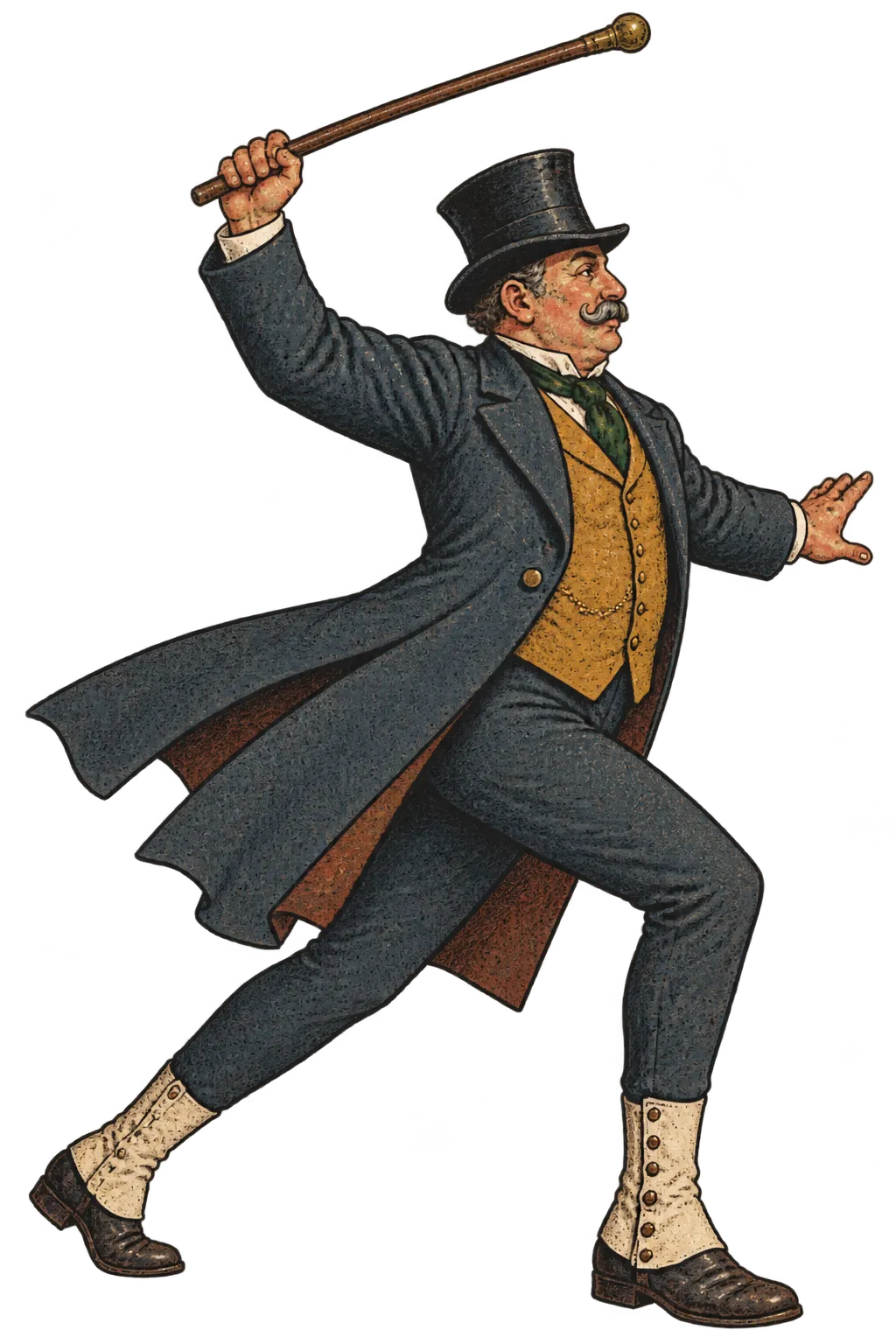 Monsieur Auguste Pelletier in profile, lunging with his oak cane raised overhead, coat tails flying, top hat still on.