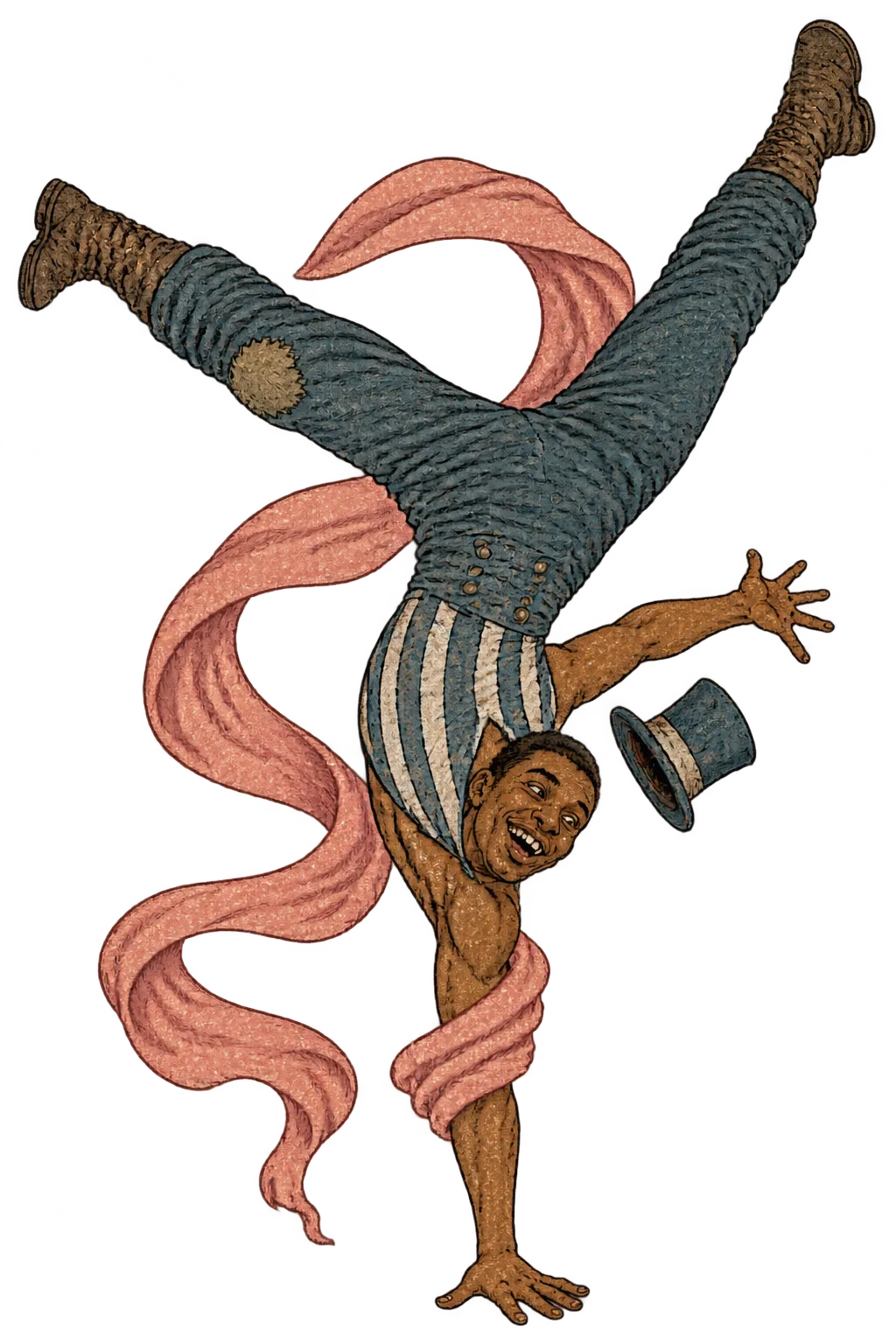 Baptiste Okonkwo in a one-handed handstand, legs scissoring, his rose scarf whipping around his arm and his split top hat falling.