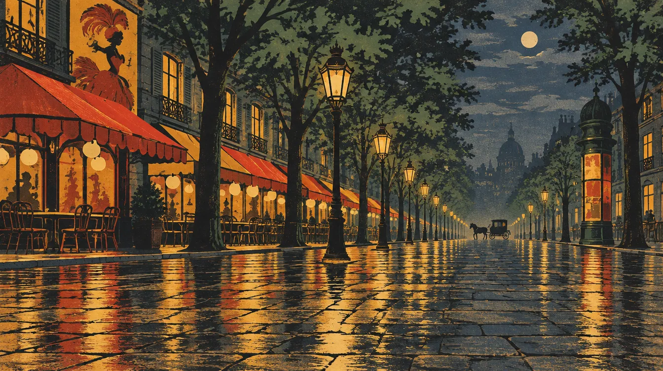 Boulevard at Night: gas lamps in a line, café awnings and wet paving.