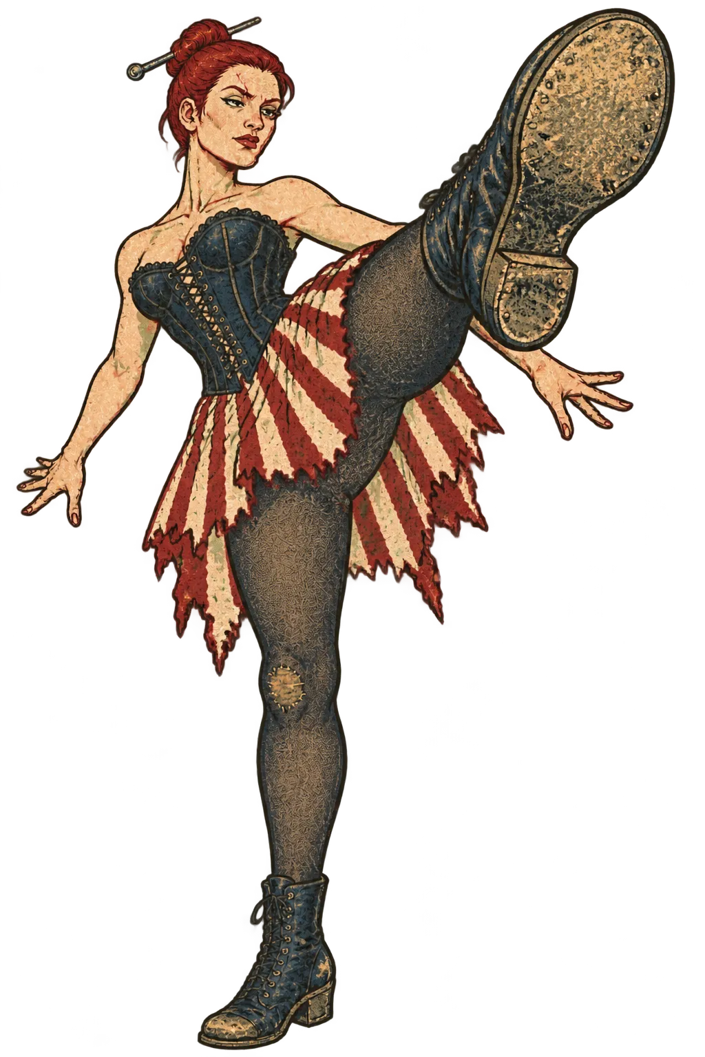 Colette seen from the footlights, her hard boot sole kicking up over the viewer while she looks down with cool contempt.