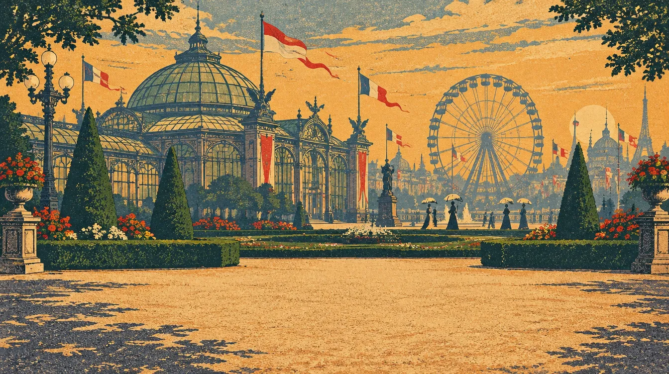 Exposition Gardens: a gravel promenade before a glass pavilion and a ferris wheel.