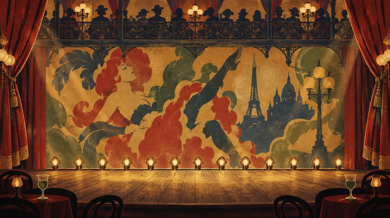 Le Gris: the cabaret stage, its painted backdrop, footlights and café tables.