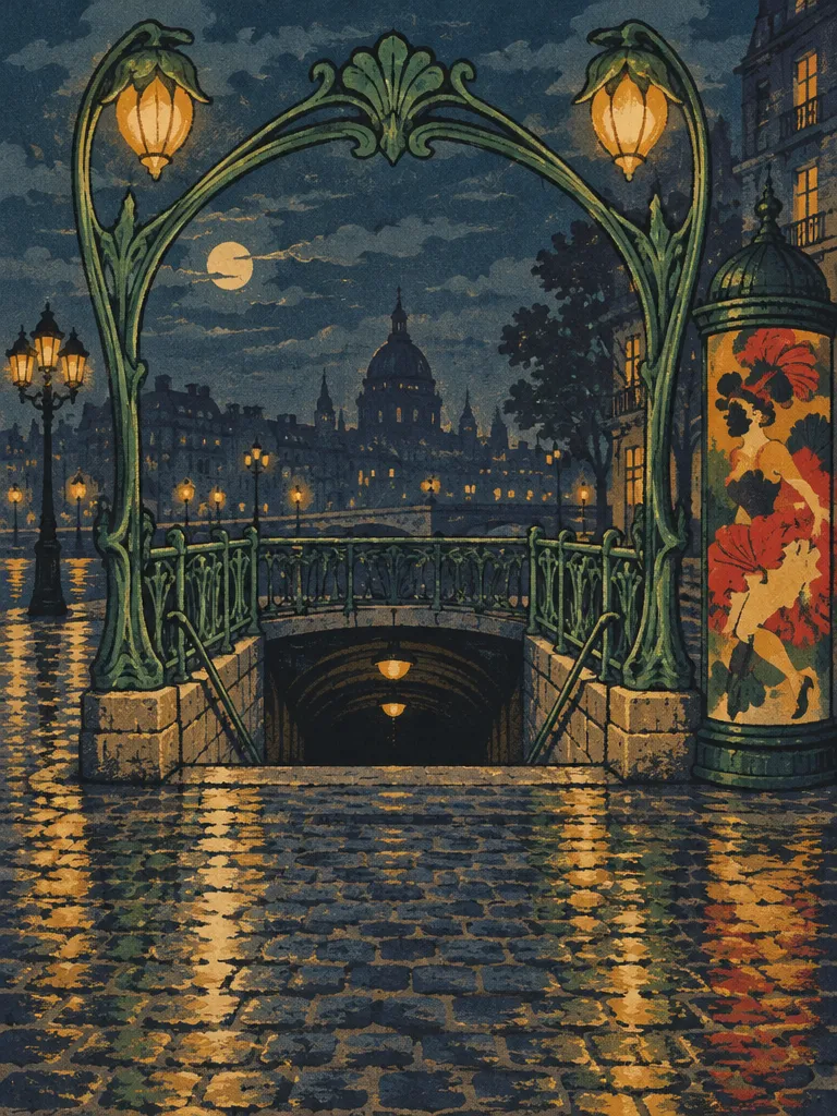 Metro Gate: a green iron entrance to the underground on wet cobbles at night.