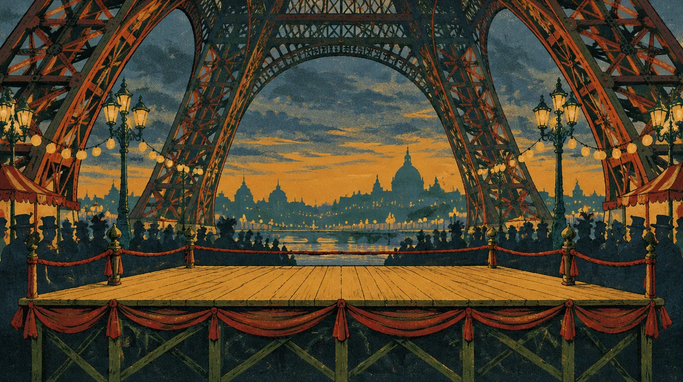 Under the Iron Tower: a roped wooden ring between the tower's iron legs at dusk.